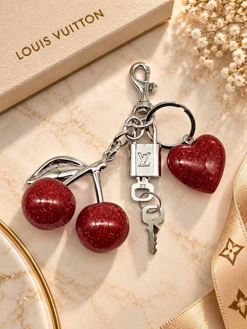 Authentic Louis Vuitton Silver Padlock with Unbranded Red Cherry Charm